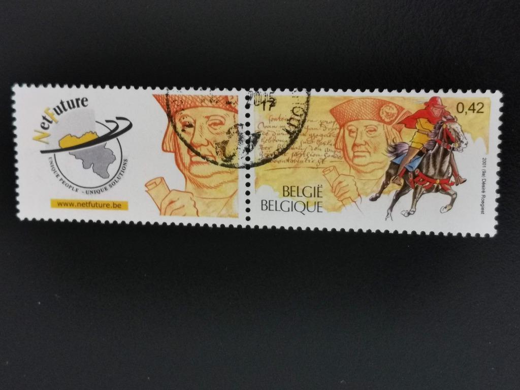 België 2001 - post 16e eeuw - postbode op paard - met vignet, Ophalen of Verzenden, Gestempeld
