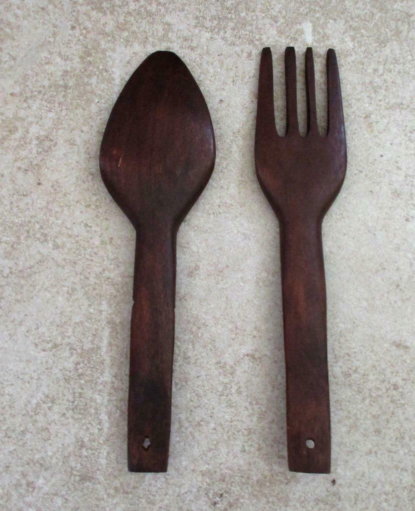 Ebbenhouten Afrikaanse lepel en vork, Antiek en Kunst, Overige onderwerpen, Houtsnijwerk, Ophalen of Verzenden, 20 - 50 cm