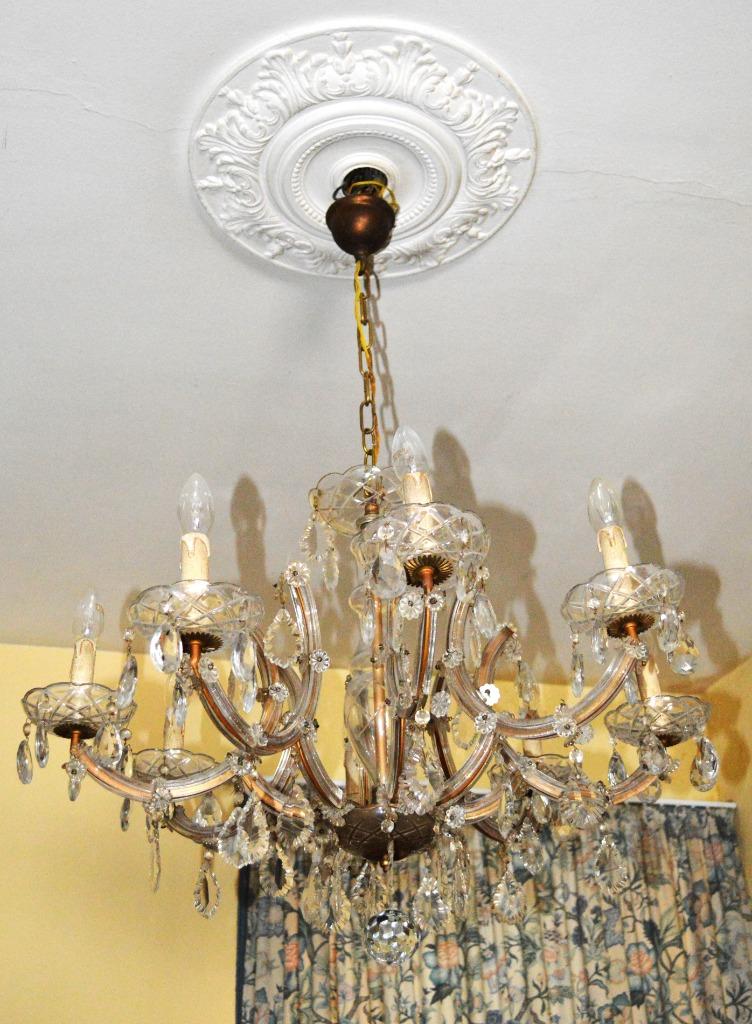 Luster met glazen ornamenten, 8 lichtpunten, Huis en Inrichting, Lampen | Kroonluchters, Ophalen, Gebruikt, Glas, Klassiek