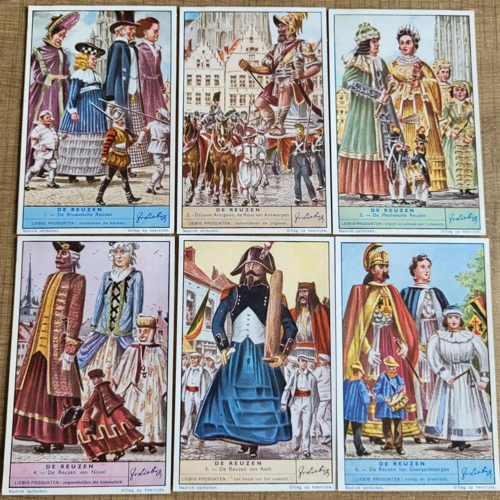 6 oude Liebig prenten: De Reuzen, Enlèvement ou Envoi, Utilisé, Autres sujets/thèmes, Gravure