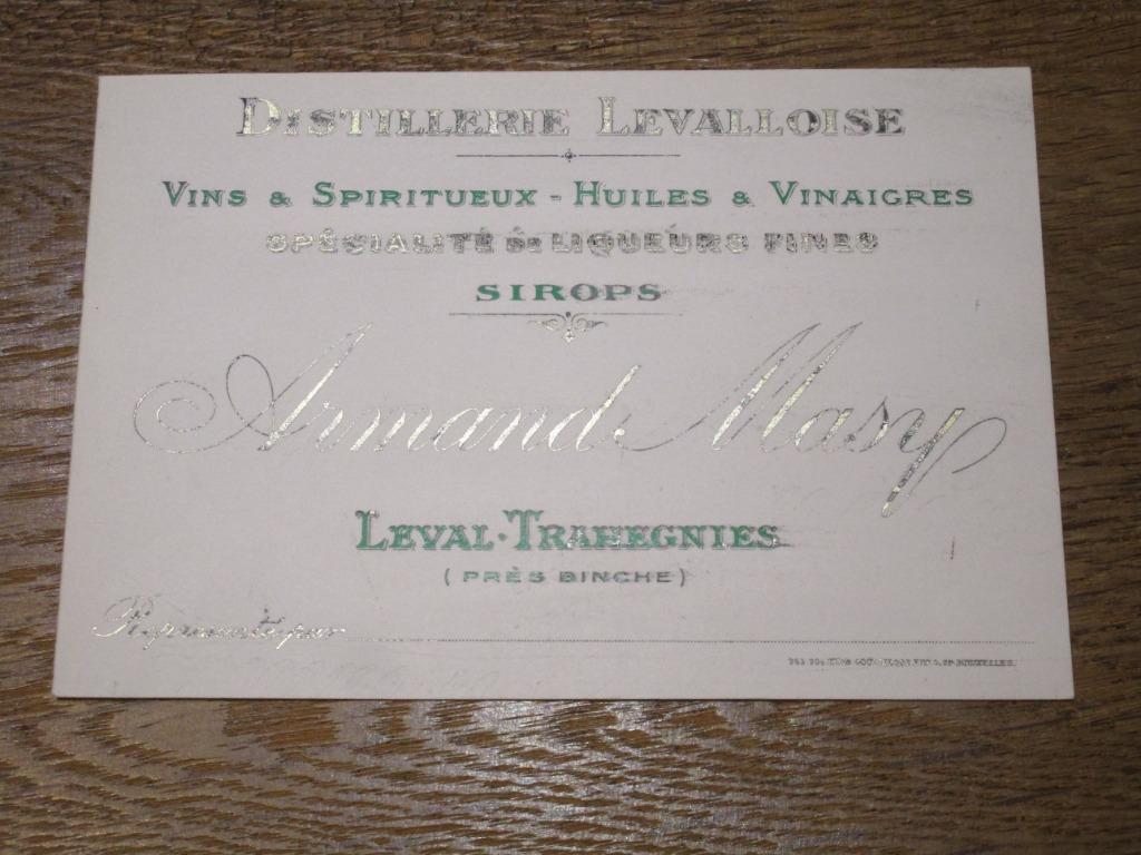 RECLAMEKAART DISTILLERIE LEVALLOISE ARMAND MASY BINCHE, Ophalen of Verzenden, Zo goed als nieuw