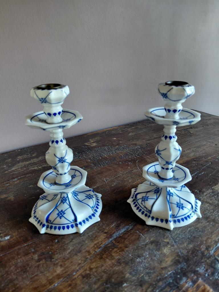 Vintage Spode Italiaanse blauw-witte kandelaars - een paar, Envoi, Céramique ou Poterie