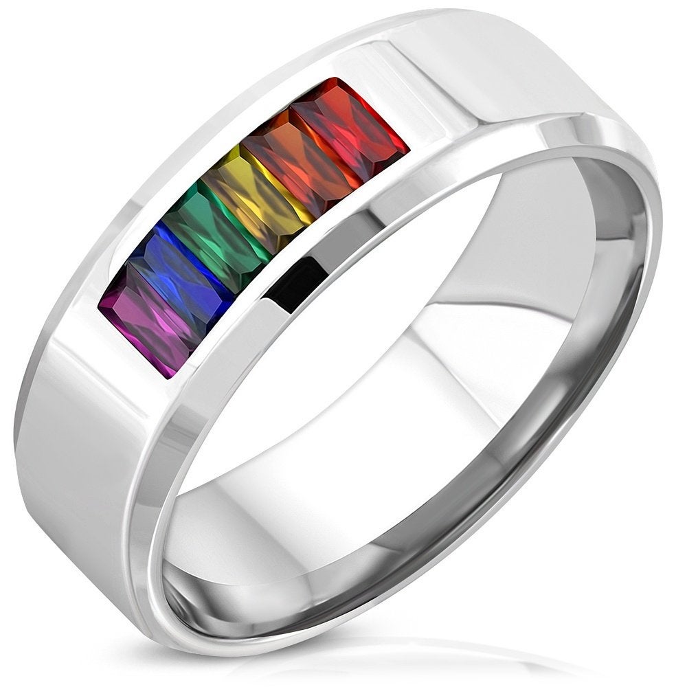 Bague en acier Rainbow Gay Pride avec zircones, Bijoux, Sacs & Beauté, Enlèvement ou Envoi, Neuf, Fer ou Acier, Femme ou Homme