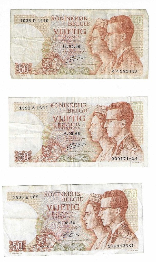 Lot de 3 billets belges de 50 BEF (Munt 0004), Enlèvement ou Envoi, Série