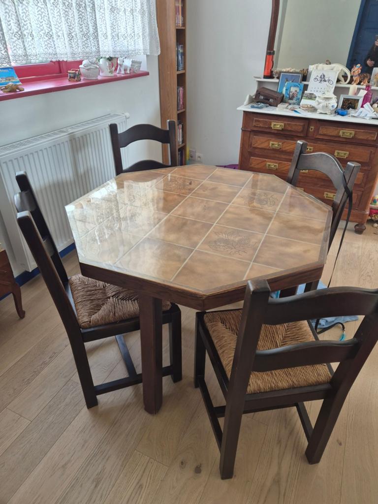 Table octogonale bois et carrelage + 6 chaises, Maison & Meubles, Enlèvement