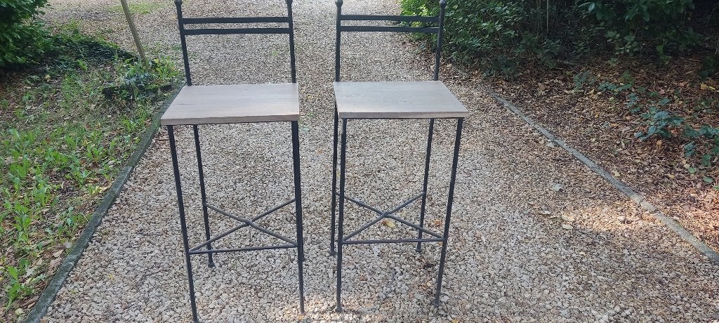 2 très beaux tabourets hauts en bois et en métal, Avec repose-pieds, 2 tabourets, Enlèvement, Utilisé