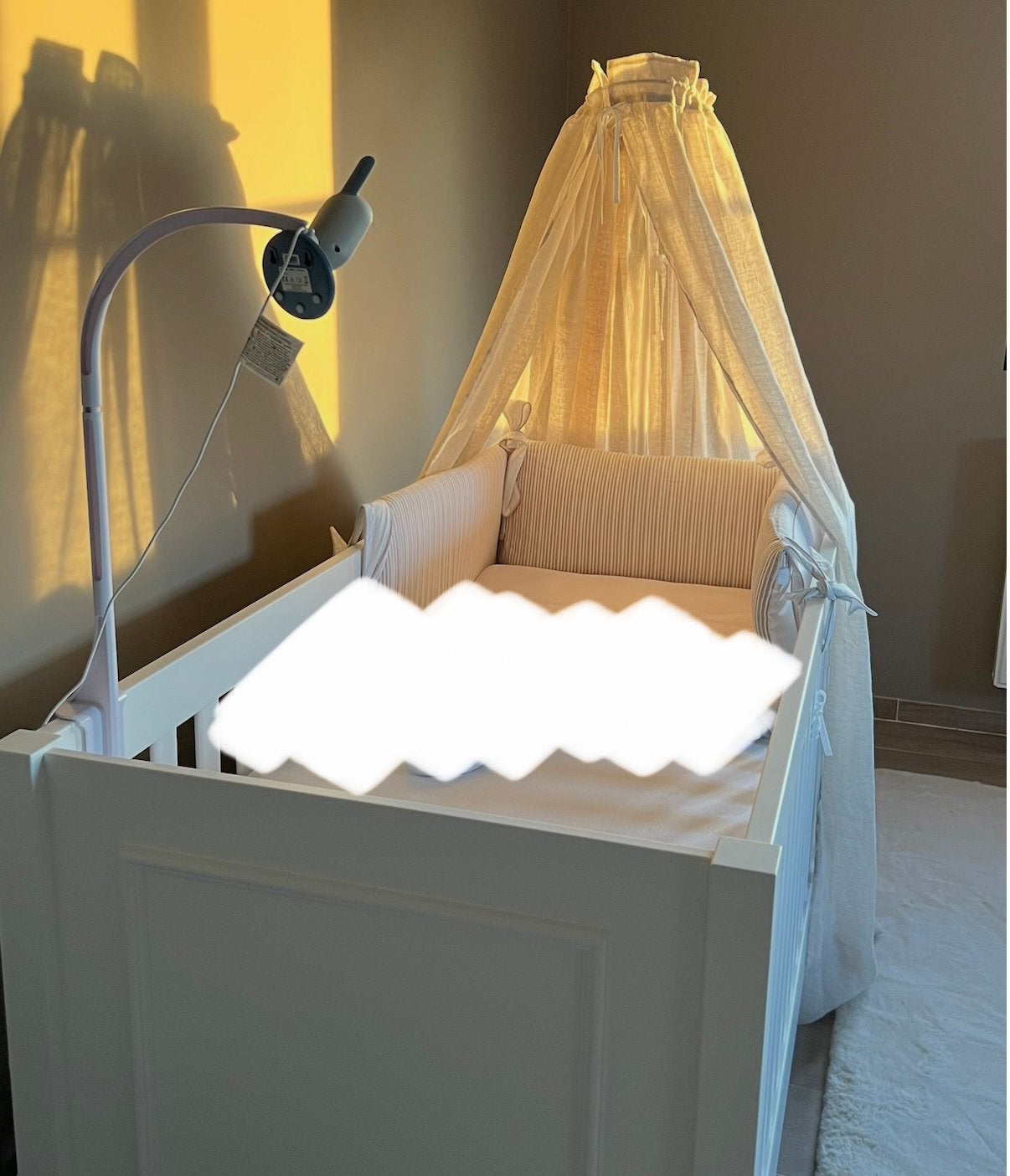 Hemel/Gordijn/sluier bed linnen beige 185x150 + hemelstang, Ophalen of Verzenden, Zo goed als nieuw