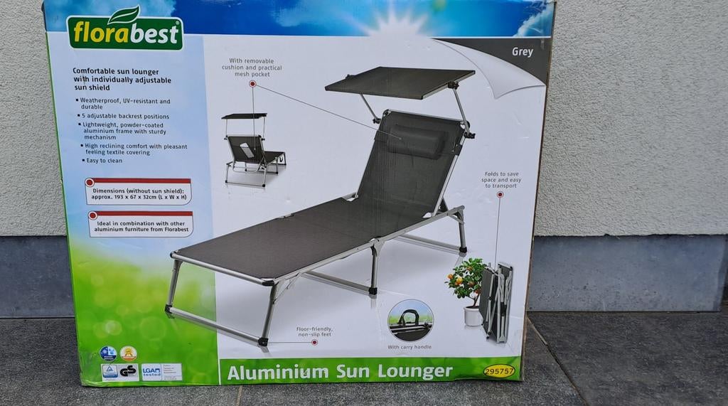 Ligzetel nieuw met zonnescherm, hoofdsteun, donker grijs., Ophalen, Nieuw, Aluminium, Inklapbaar