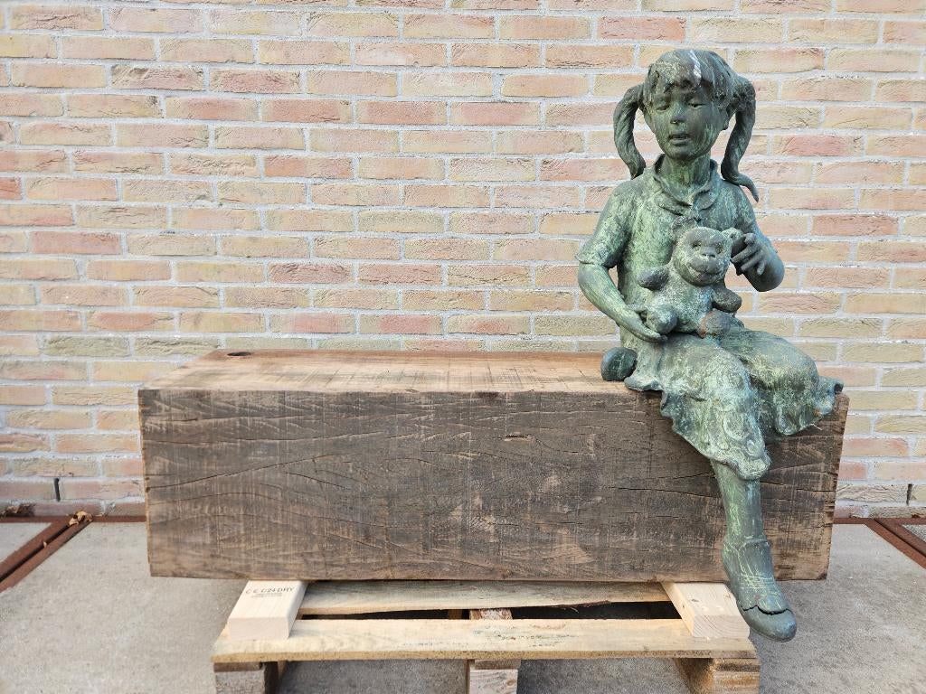 Bronzen meisje oude brons met Azobé zitbank, lage prijs !!!, Jardin & Terrasse, Statues de jardin, Utilisé, Homme, Enlèvement ou Envoi