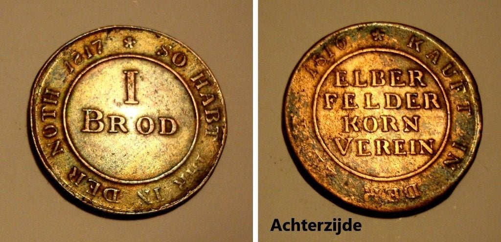 Koperen Duitse broodjeton Elberfeld Kauft in der Zeit 1817, Verzenden, Brons