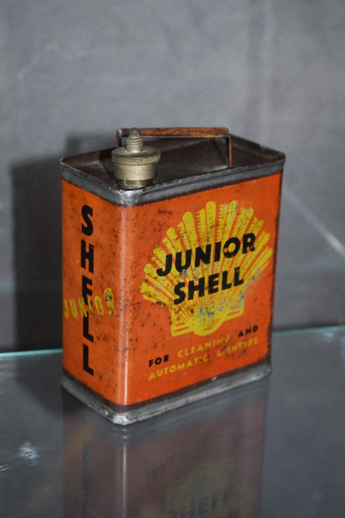zeldzame antiek olie blik junior shell 1930, Verzamelen, Ophalen of Verzenden, Gebruikt, Reclamebord