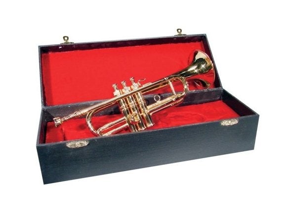 Miniatuur trompet met koffer, goud, 11 cm, Muziek en Instrumenten, Niet ingevuld, Niet ingevuld, Nieuw, Ophalen of Verzenden