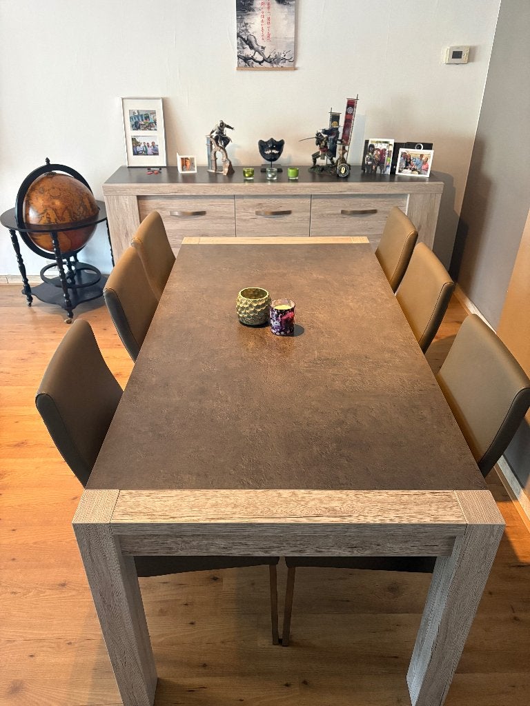Landelijke eettafel met 6 stoelen, Huis en Inrichting, Ophalen, 50 tot 100 cm, Vijf personen of meer, 150 tot 200 cm