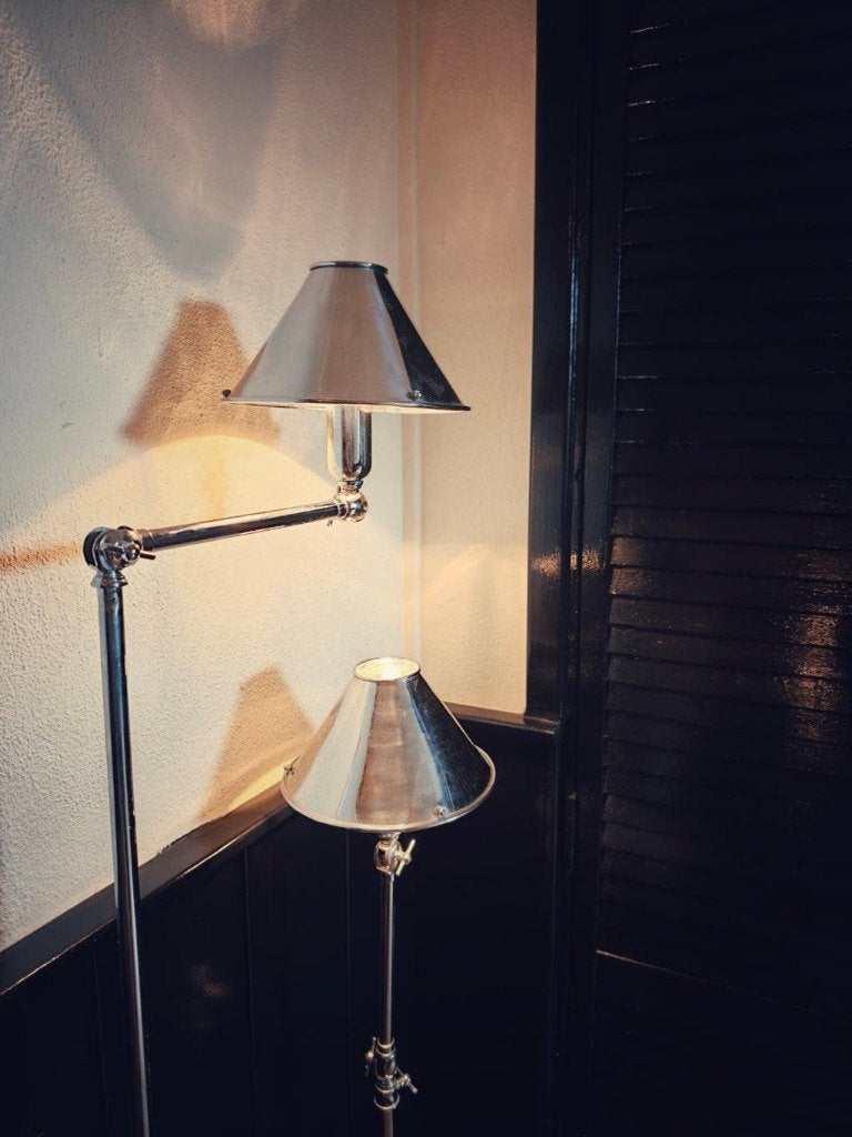 Ralph Lauren Chrome Anette swing vloerlamp set, E14 (klein), Ophalen of Verzenden, Zo goed als nieuw, Tijdloos