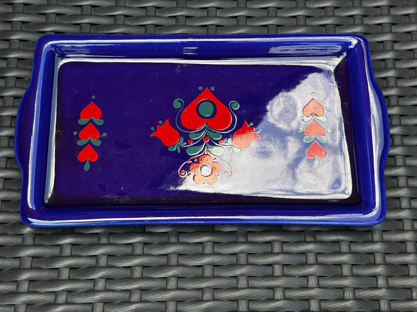 Plateau vintage céramique bleue décor folk 1970 - Staffel, Enlèvement ou Envoi, Comme neuf