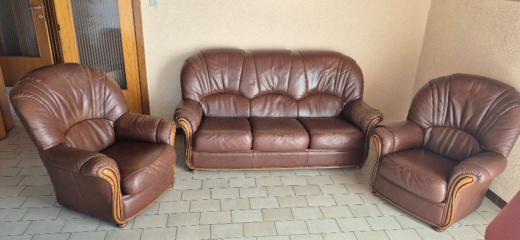 Salon en cuir armature chêne 3+1+1, Maison & Meubles, 75 à 100 cm, Quatre personnes ou plus, 150 à 200 cm, Comme neuf
