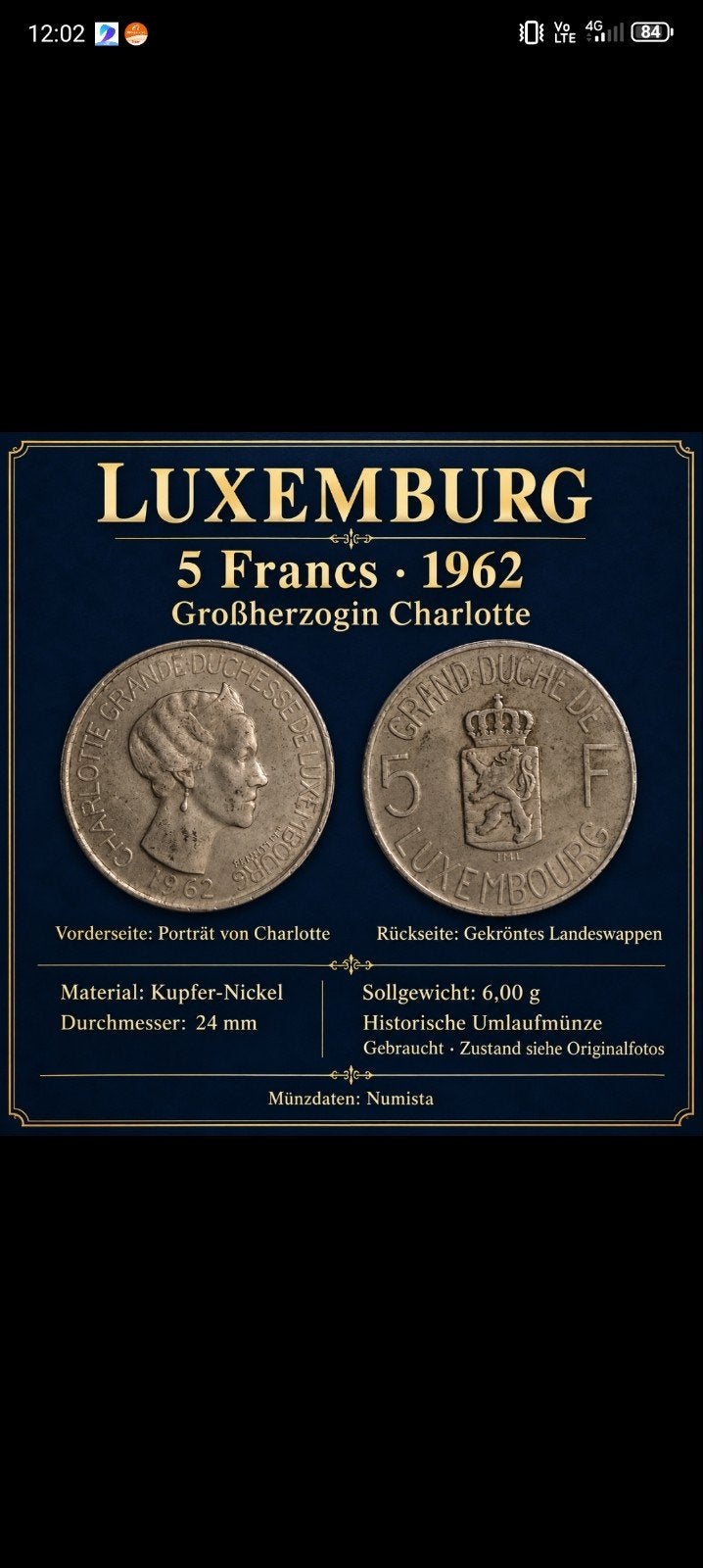 munt louxembourg 1962, Postzegels en Munten, Ophalen of Verzenden