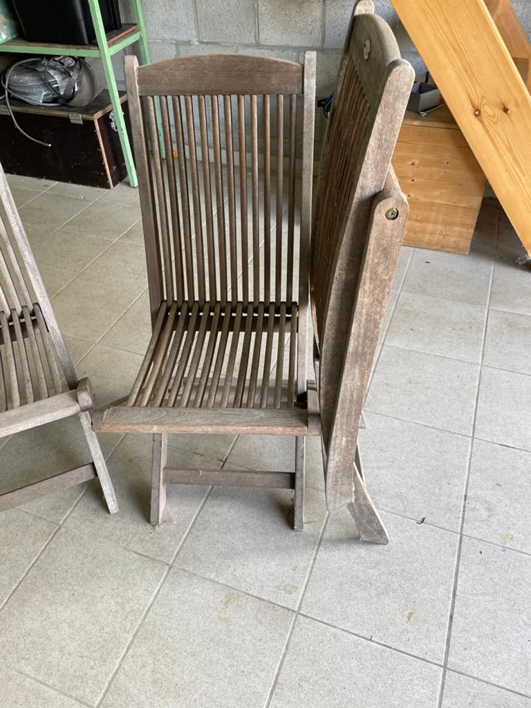 4 houten stoelen in tropisch hardhout, Tuin en Terras, Ophalen, Gebruikt, Hout, Inklapbaar