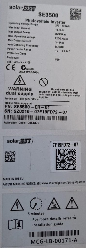 Onduleur Solar Edge 3,5 kW pour panneaux solaires, Enlèvement, Utilisé, Système complet, 200 watts-crêtes ou plus