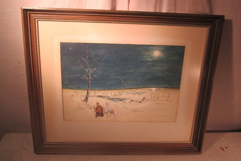 Mooi Geschilderd Aquarel - Op weg naar Bethlehem - gesign, Antiek en Kunst, Kunst | Schilderijen | Klassiek, Ophalen of Verzenden