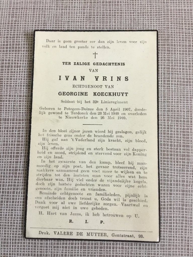 Soldat I.Vrins Petegem tué à Terdonk en mai 1940, Collections, Envoi, Image pieuse