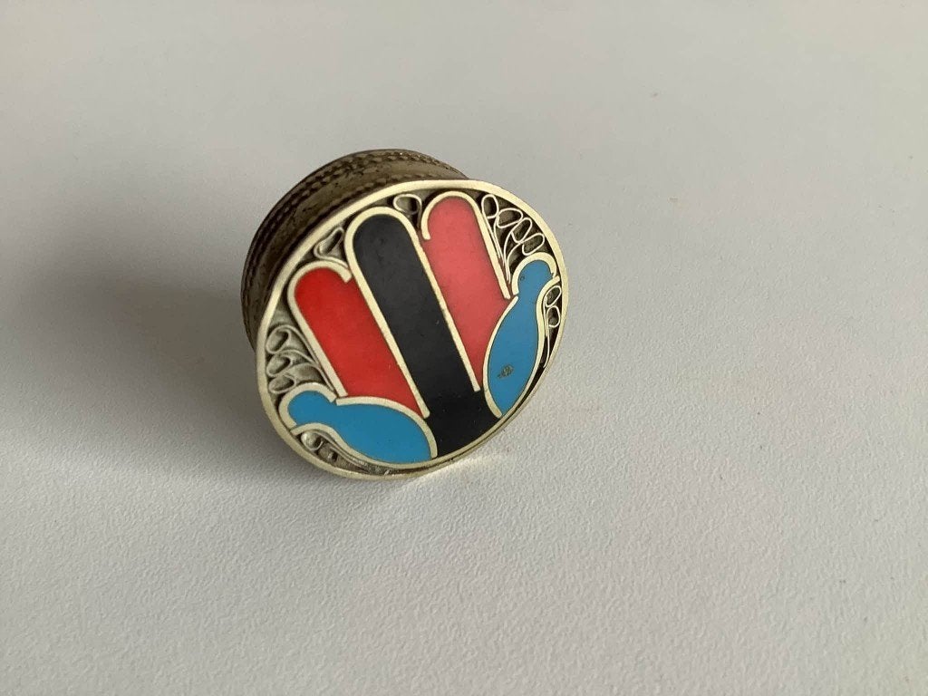 Rond art deco messing en emaille pillendoosje, Ophalen of Verzenden