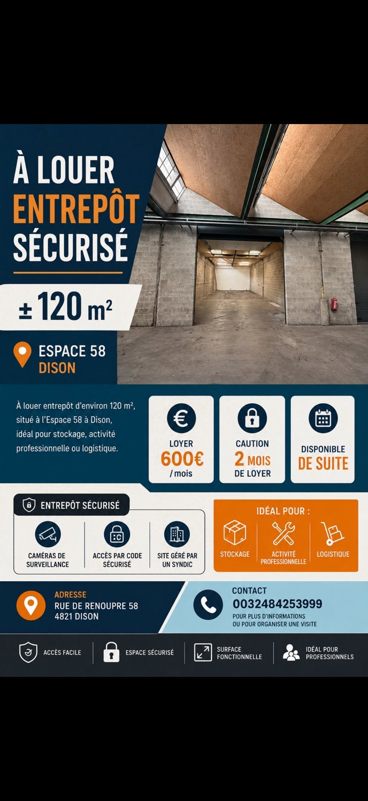 À LOUER – ENTREPÔT SÉCURISÉ 120 m² – DISON (ESPACE 58), Province de Liège