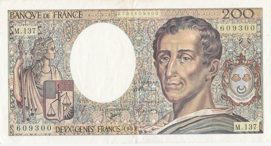 200 francs français - Montesquieu - 1992 - Série M.137, Enlèvement, France, Billets en vrac