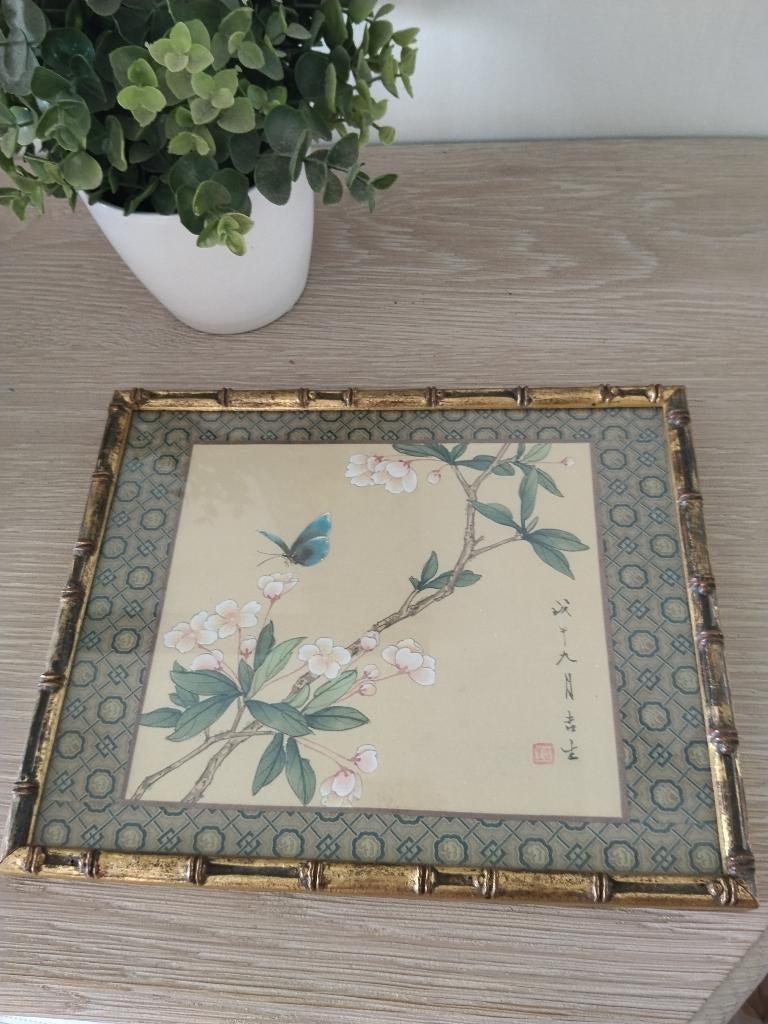 vintage houten kader met bloemprent in achter glas, Vintage, Ophalen of Verzenden, Zo goed als nieuw, Achter glas