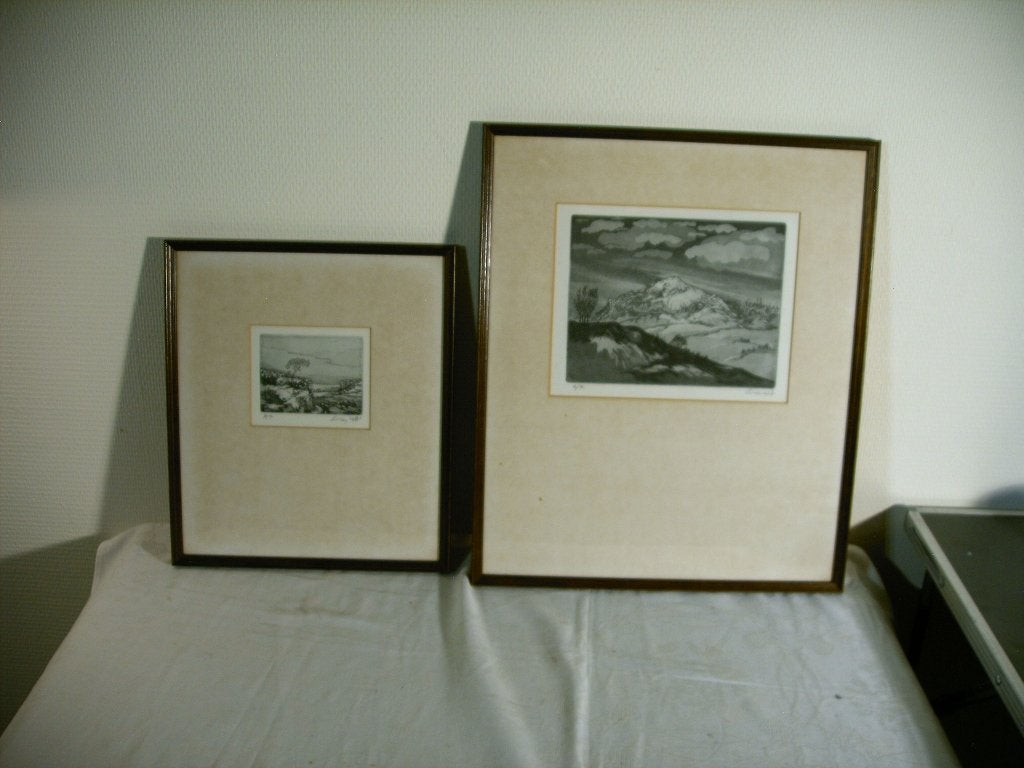 Deux œuvres graphiques de Livien De Trogh., Eau-forte, Enlèvement ou Envoi, Paysage, Encadré