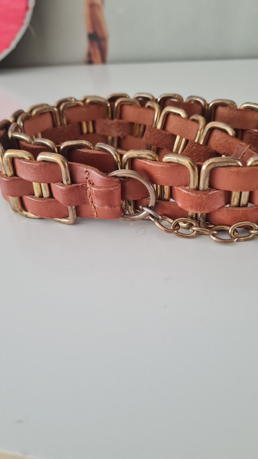 Ceinture cuir tressé rosé chaîne dorée T70 Morgan de toi., Cuir véritable, Morgan de toi, Brun, Enlèvement