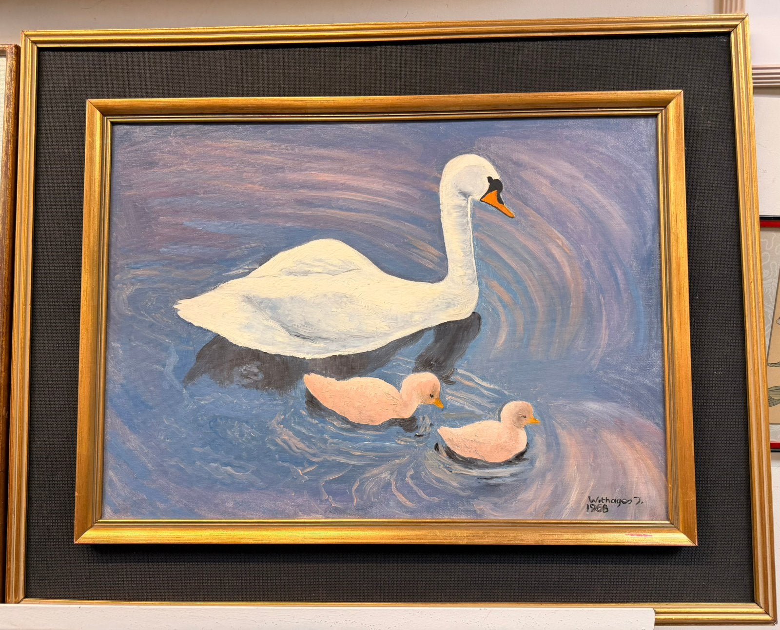 Peinture vintage de cygne — signée 1968 — cadre doré, Enlèvement, Classique, Daté