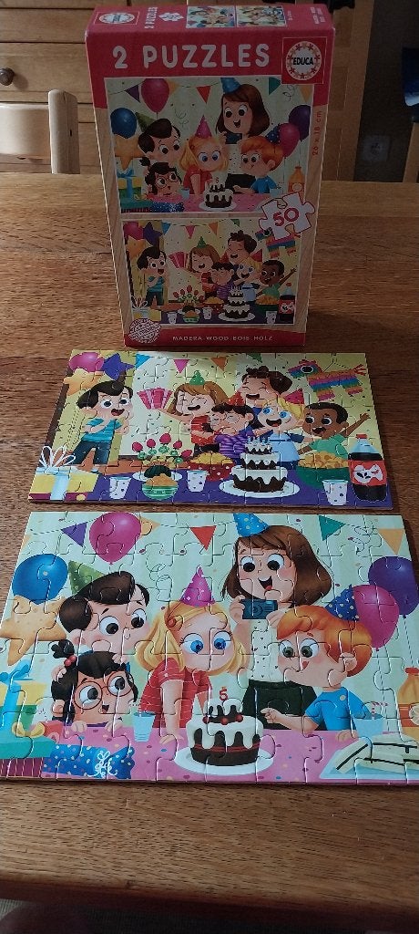 Puzzles en bois Educa – 2x50 pièces – Fête d'anniversaire, 4 à 6 ans, Comme neuf, Enlèvement, 10 à 50 pièces