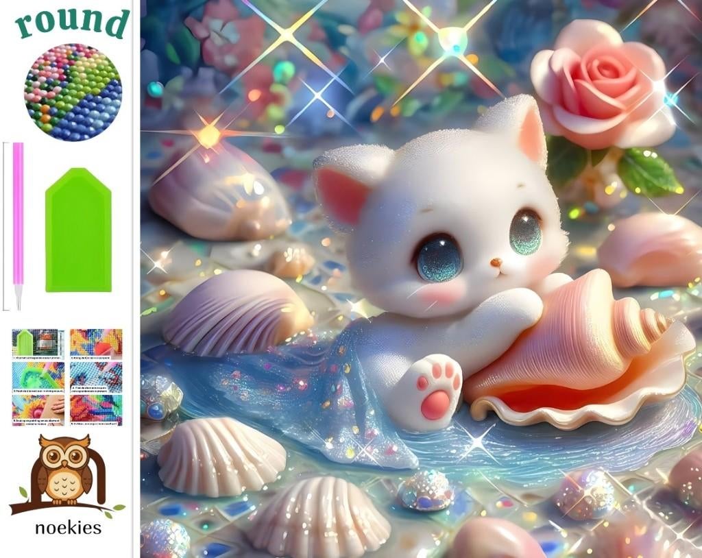 N 556 Diamond Painting, coquilles de chat, 20 x 20 cm (rond, Neuf, Zee en Strand, Multicolore, Autocollant