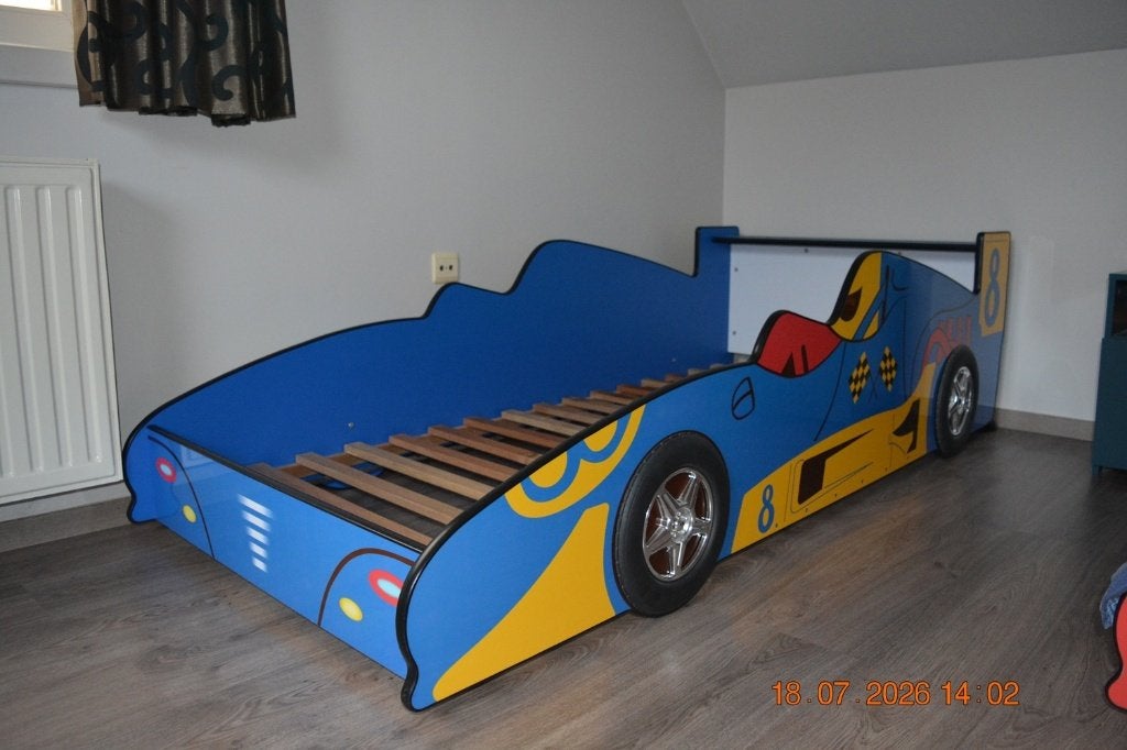Kinderbed Race-auto blauw, Ophalen, 85 tot 100 cm, Gebruikt, Lattenbodem