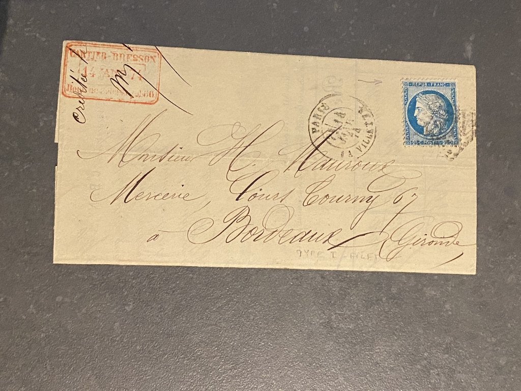 lettre 1874 Paris - Bordeaux - Gironde avec contenu, Enlèvement ou Envoi, Affranchi