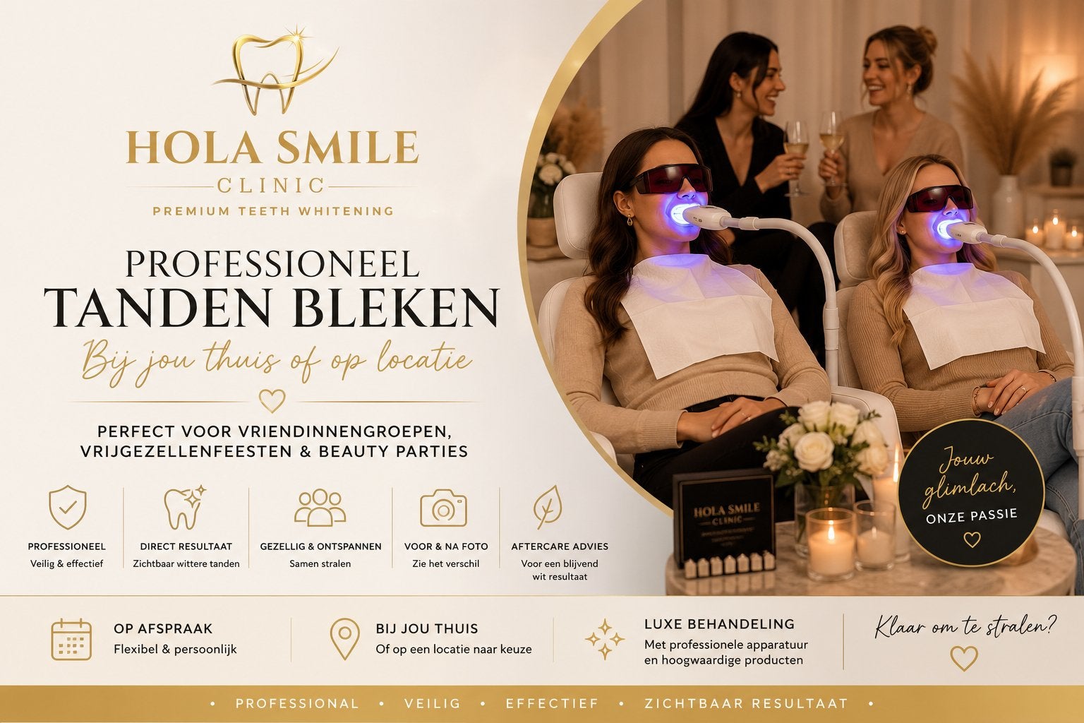 Profess. tanden bleken aan huis | Groepen & Beauty Parties, Ophalen