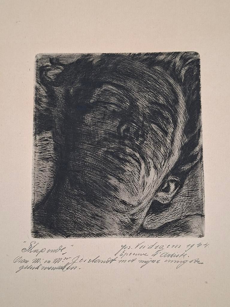 Ets Jos Verdegem Slapende 1944, Antiek en Kunst, Kunst | Etsen en Gravures, Ophalen of Verzenden, Ets