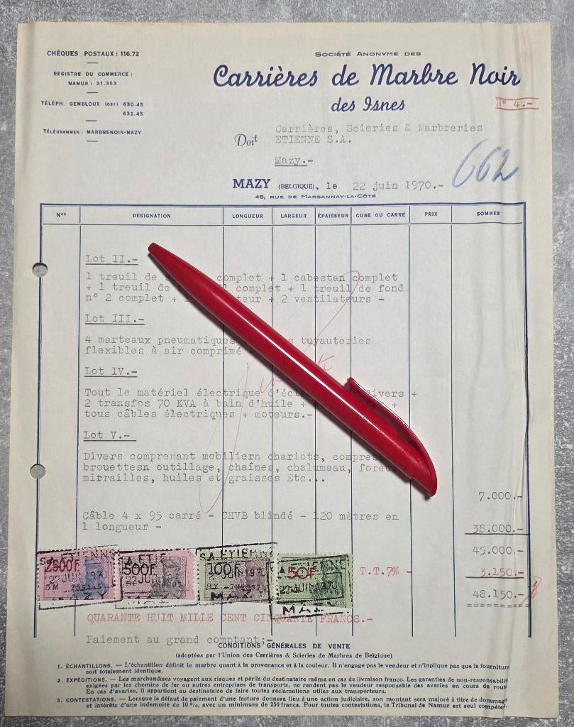 Carrière de marbre noir des Isnes+1970+Facture, Ophalen, 1960 tot 1980, Gelopen, Namen