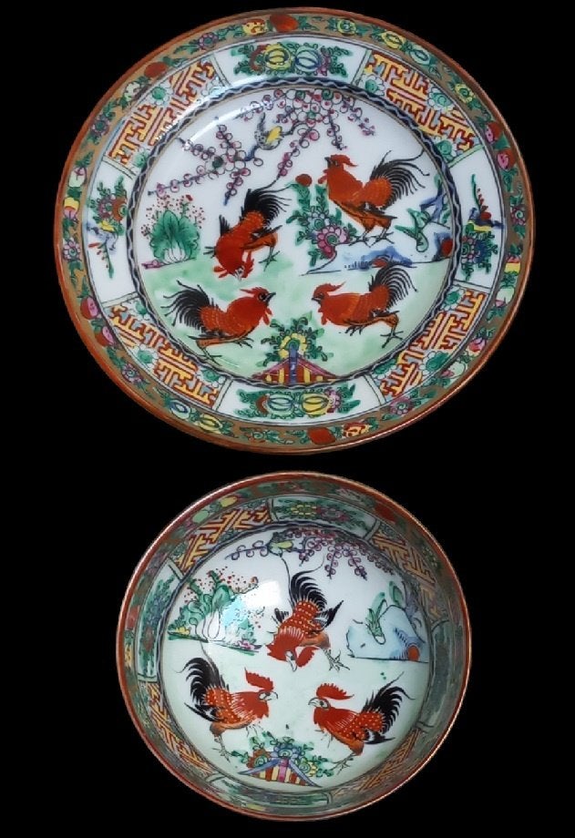 Assiette chinoise + bol avec coqs, Antiquités & Art, Enlèvement ou Envoi
