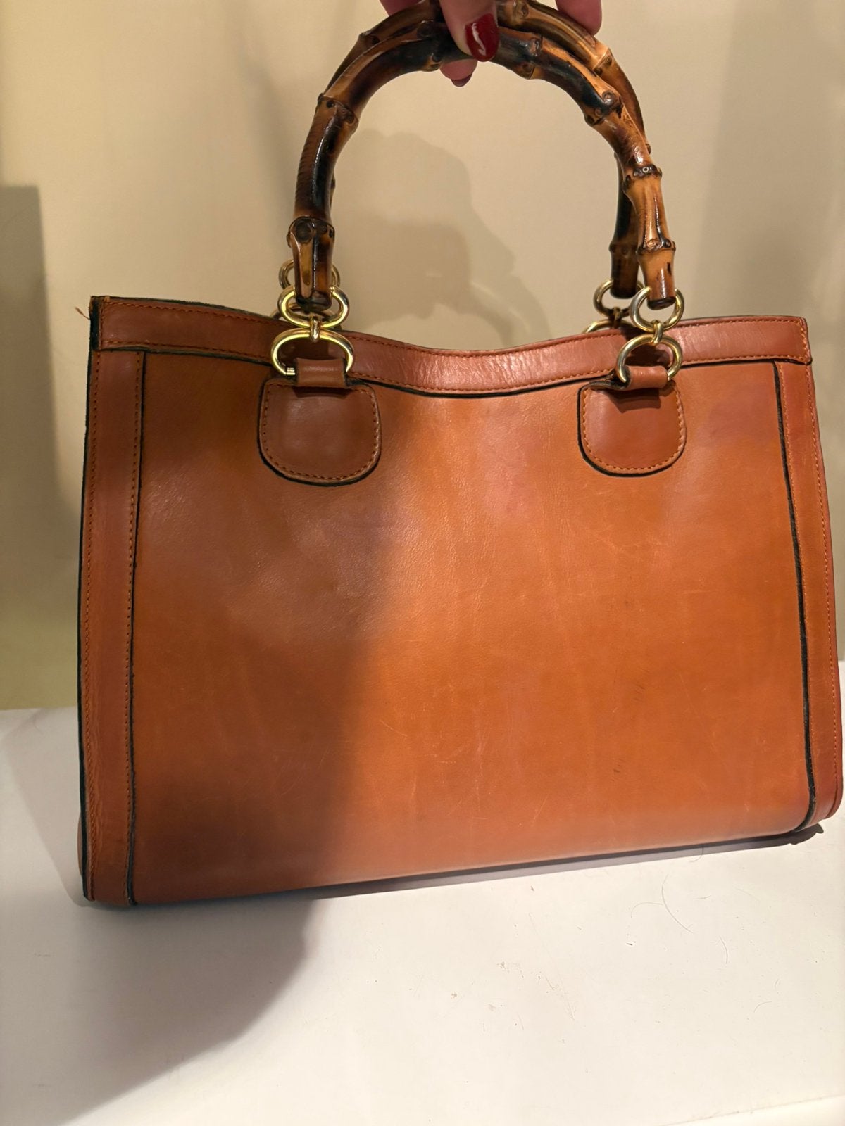 Vintage lederen tas met bamboe handvaten, Ophalen of Verzenden, Zo goed als nieuw, Handtas