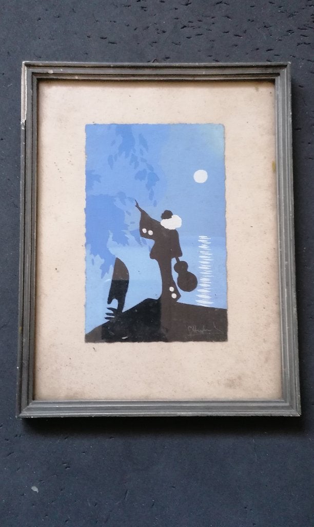 Pierrot, schilderij uit de oudheid, Aquarel, Verzenden, Gesigneerd, Hout