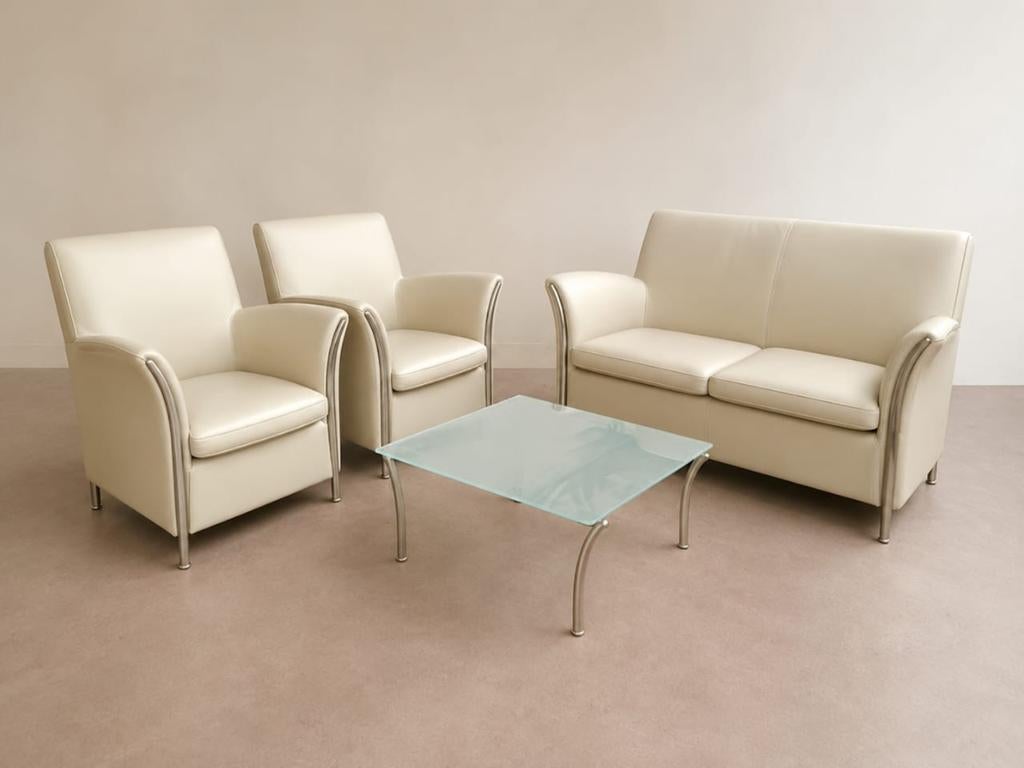 Salon moderne 2 fauteuils + canapé + table en verre, Maison & Meubles, Bureaux, Moderne, Verre, Beige, Enlèvement