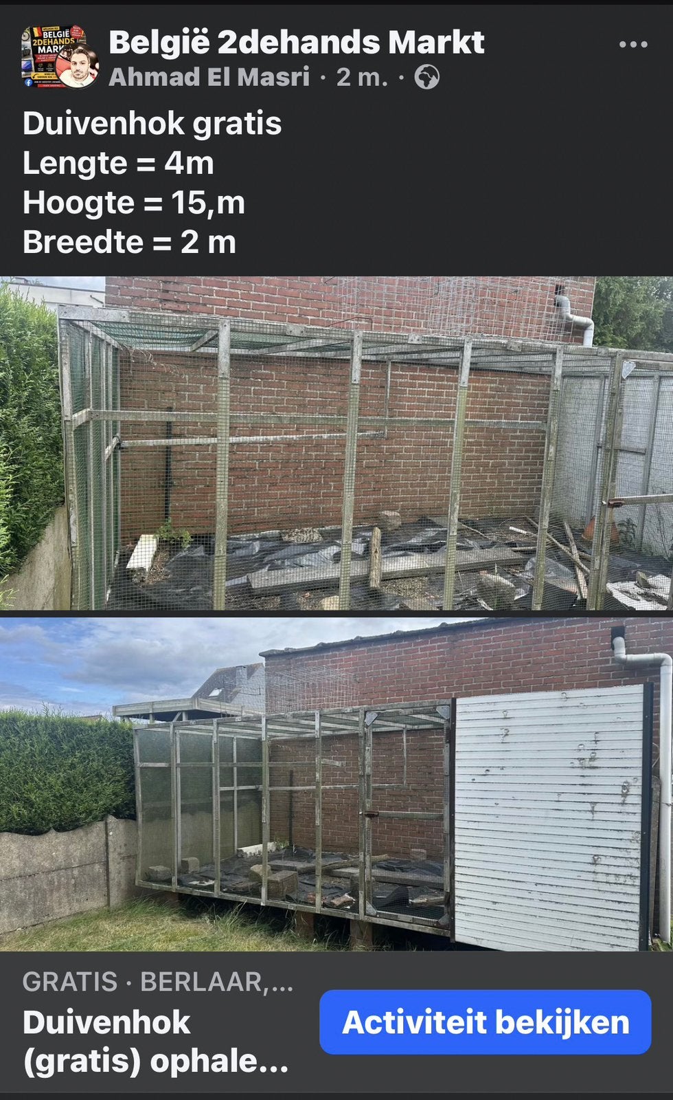 Duivenhok (Gratis - Berlaar 2590), Dieren en Toebehoren, Vogels | Hokken en Kooien, Ophalen, Zo goed als nieuw