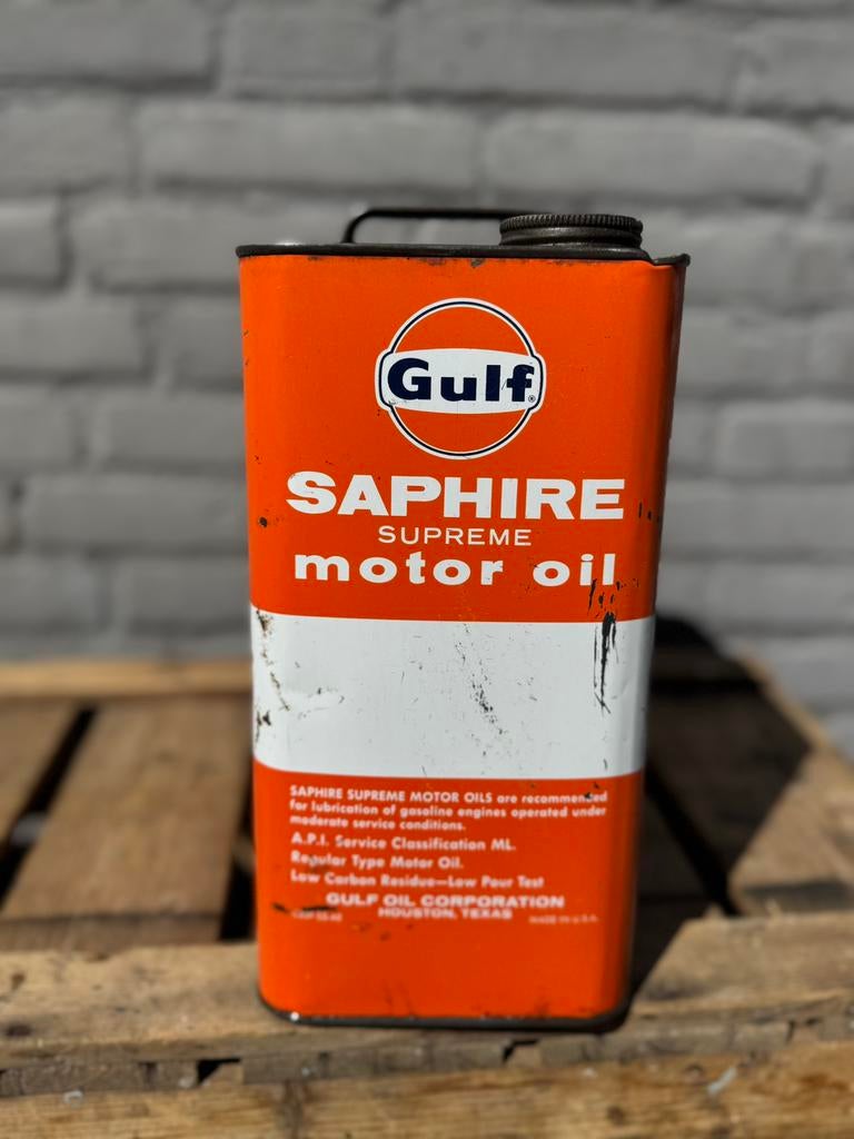 Gulf Saphire oud olie blik motor oil, Ophalen of Verzenden, Gebruikt, Verpakking