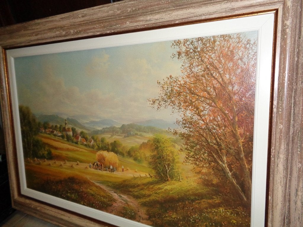 Belle grande peinture signée avec très beau cadre en chêne, Enlèvement ou Envoi