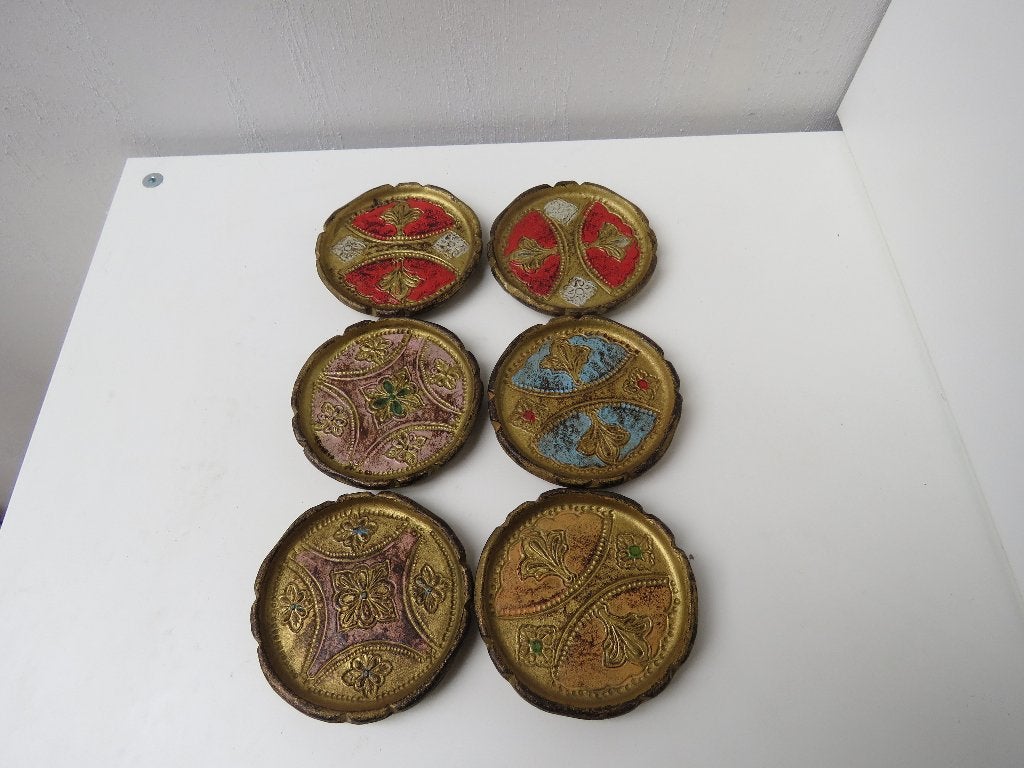 Ensemble vintage de 6 sous-verres florentins en bois, Enlèvement ou Envoi