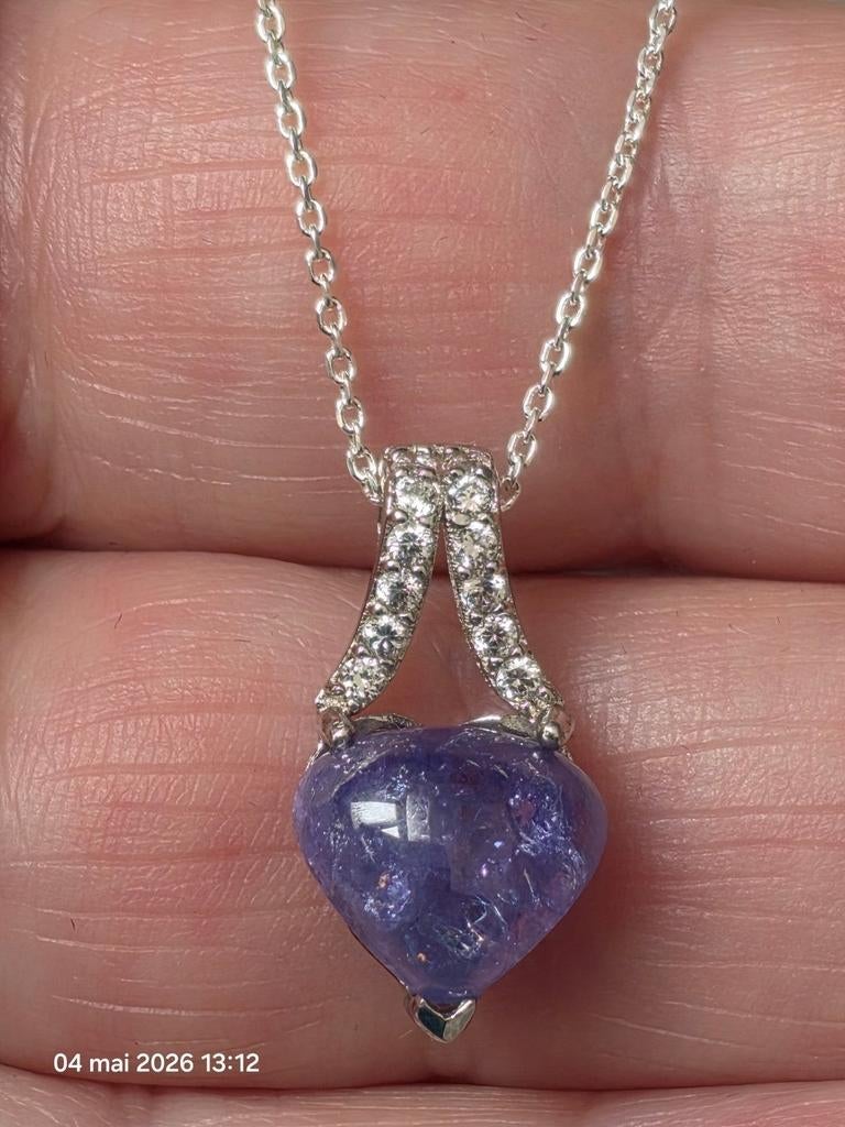 Sterling zilveren hanger met natuurlijk tanzaniet hart, Nieuw, Paars, Zilver, Met edelsteen