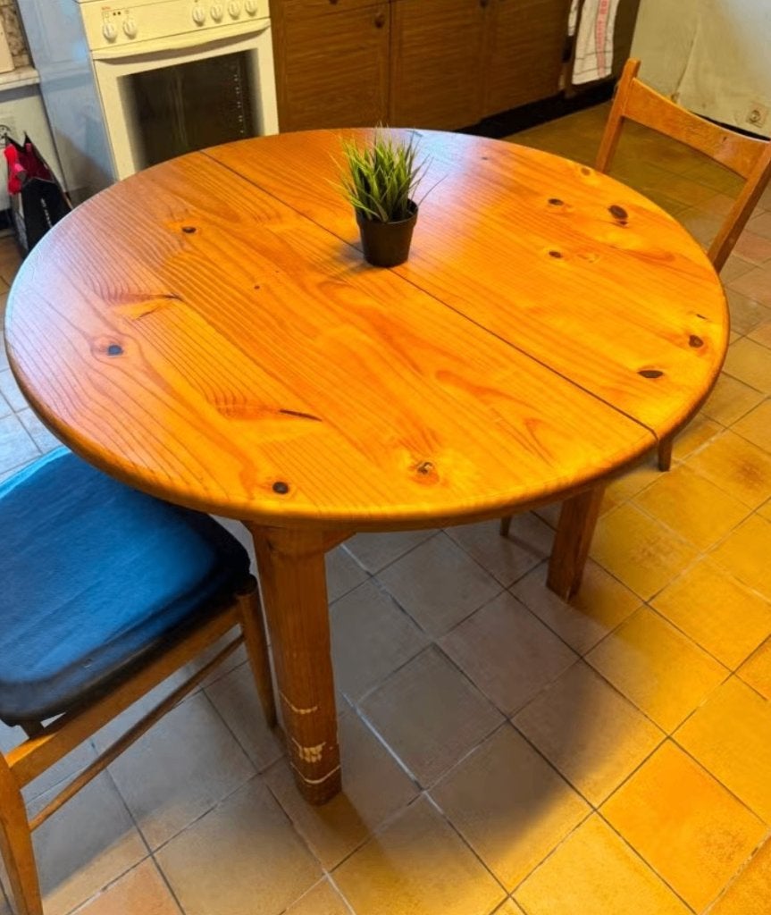 Ronde massief houten eettafel – verlengbaar, Ophalen, Gebruikt, 100 tot 150 cm