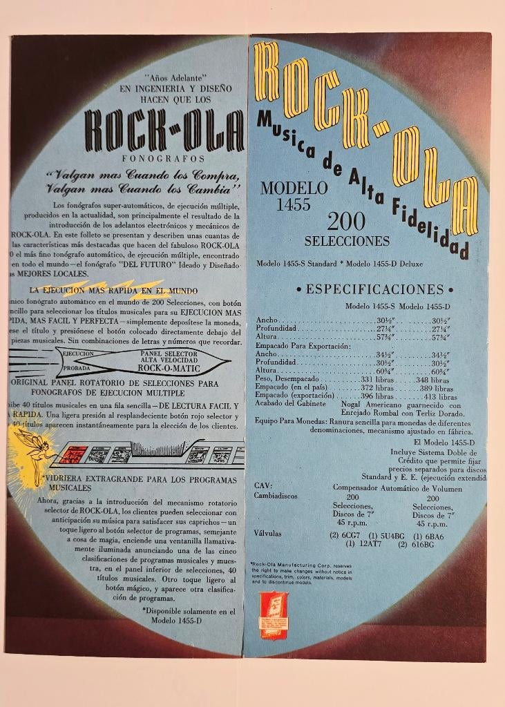 ROCK-OLA Model 1455 Juke-Box 1957 original folders, Collections, Enlèvement ou Envoi, Utilisé